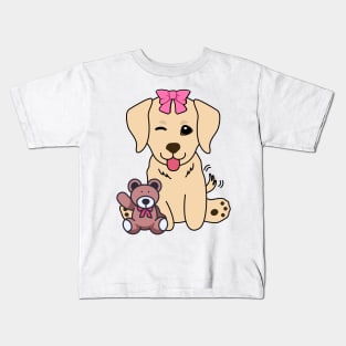 Cute golden retriever holds a teddy bear Kids T-Shirt